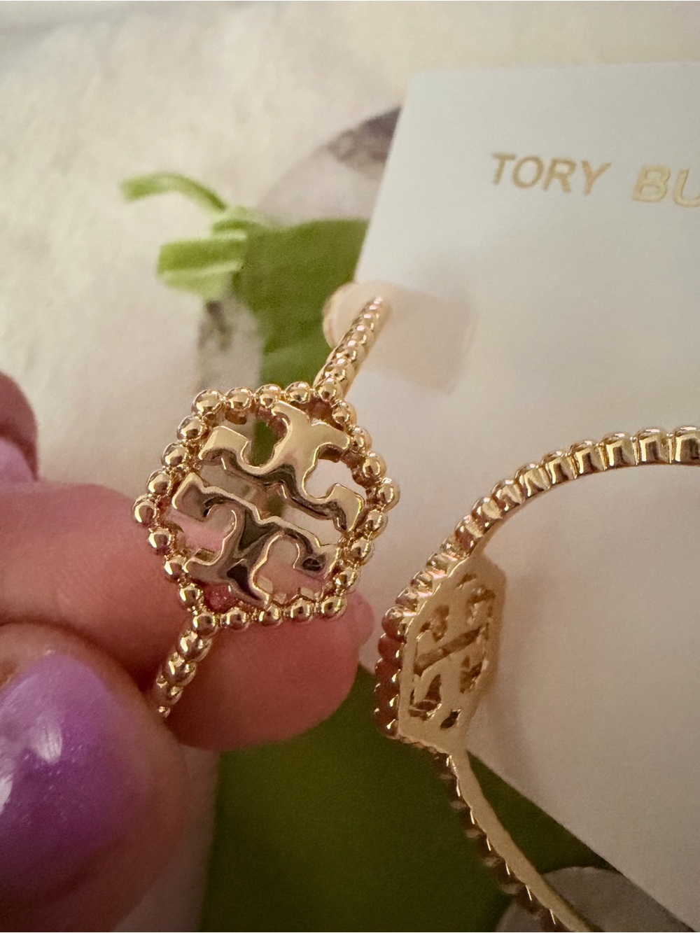 Tory Burch Gold Logo Beaded Look Large Hoop Earrings Pushbacks